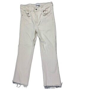 Zara Size 6 Womens Jeans Straight Crop Raw Hem Off White Mid Rise Stretch